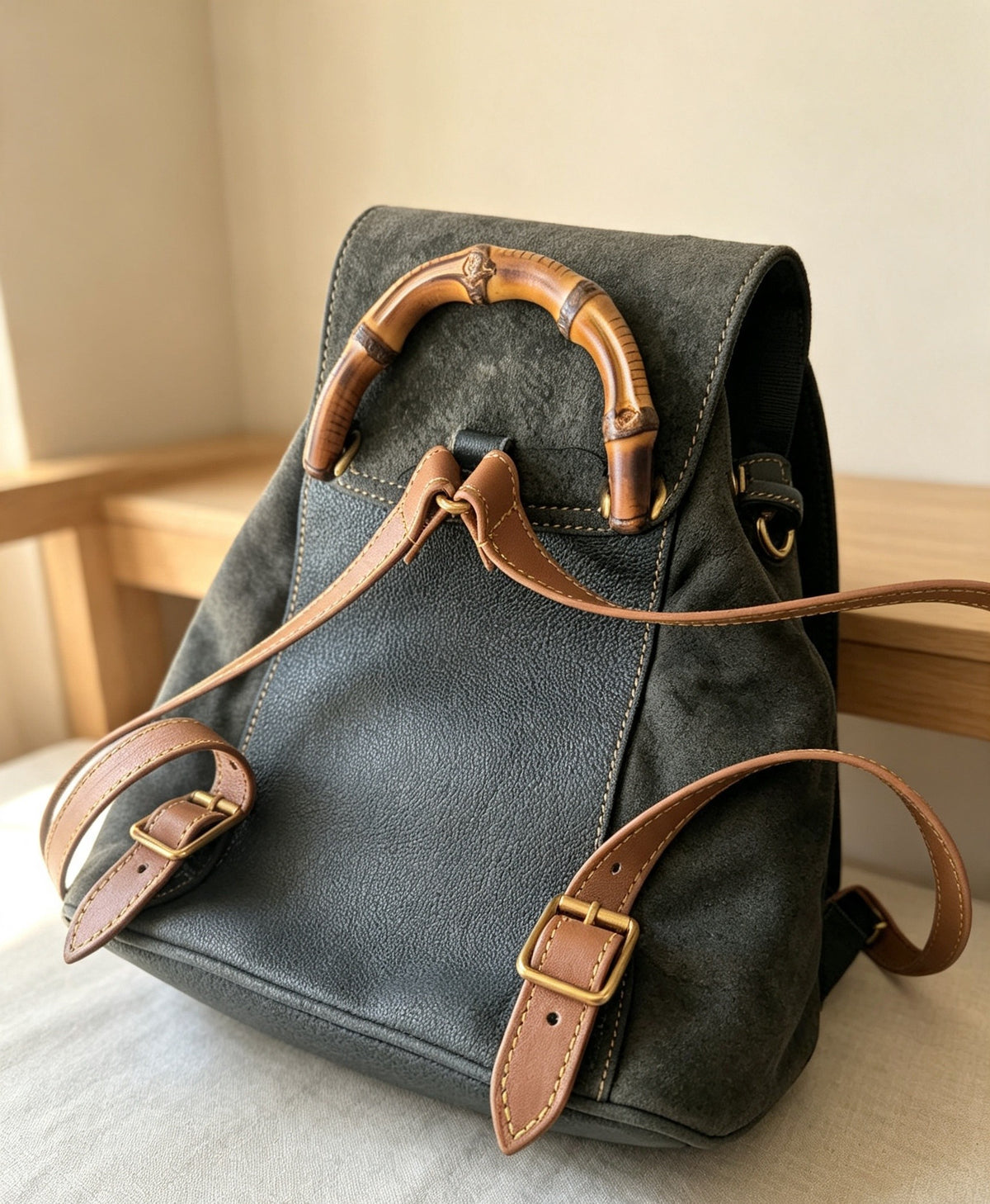 Vintage Gucci Bamboo Mini Backpack in Olive Green Suede – Professionally Restored with New Leather Straps