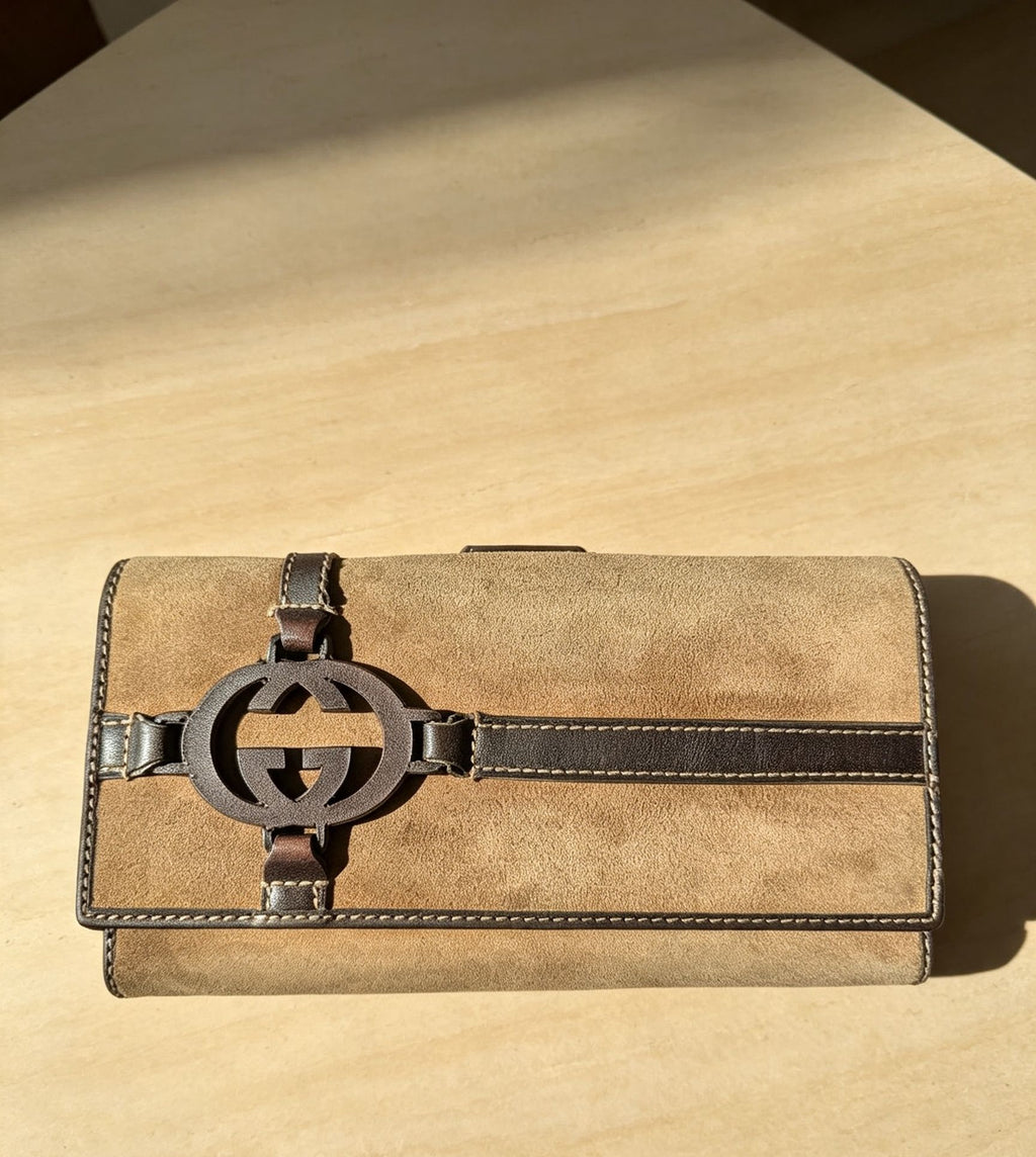 Vintage Gucci Interlocking G Brown Suede Continental Wallet