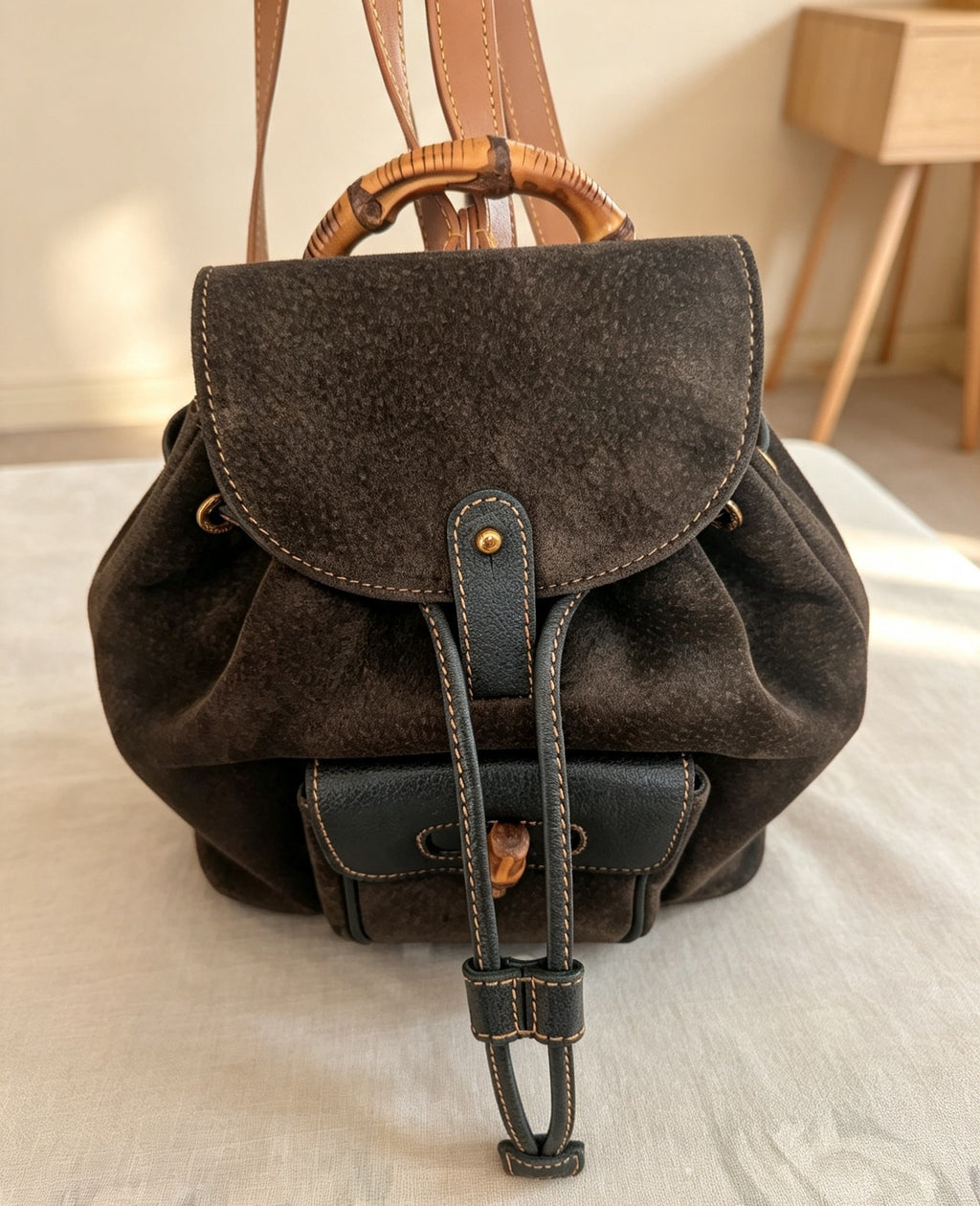 Vintage Gucci Bamboo Mini Backpack in Olive Green Suede – Professionally Restored with New Leather Straps
