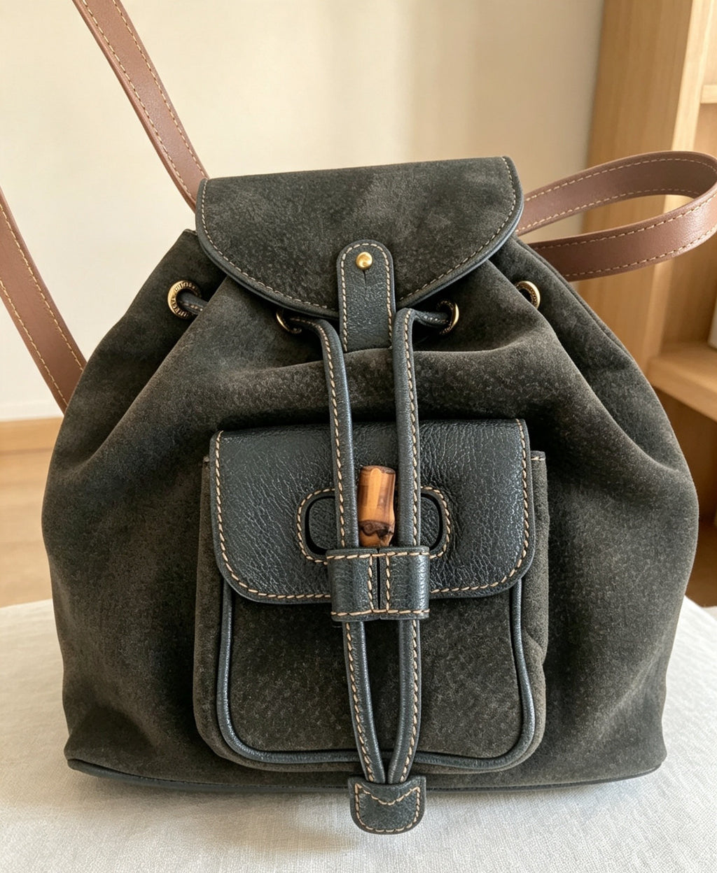 Vintage Gucci Bamboo Mini Backpack in Olive Green Suede – Professionally Restored with New Leather Straps