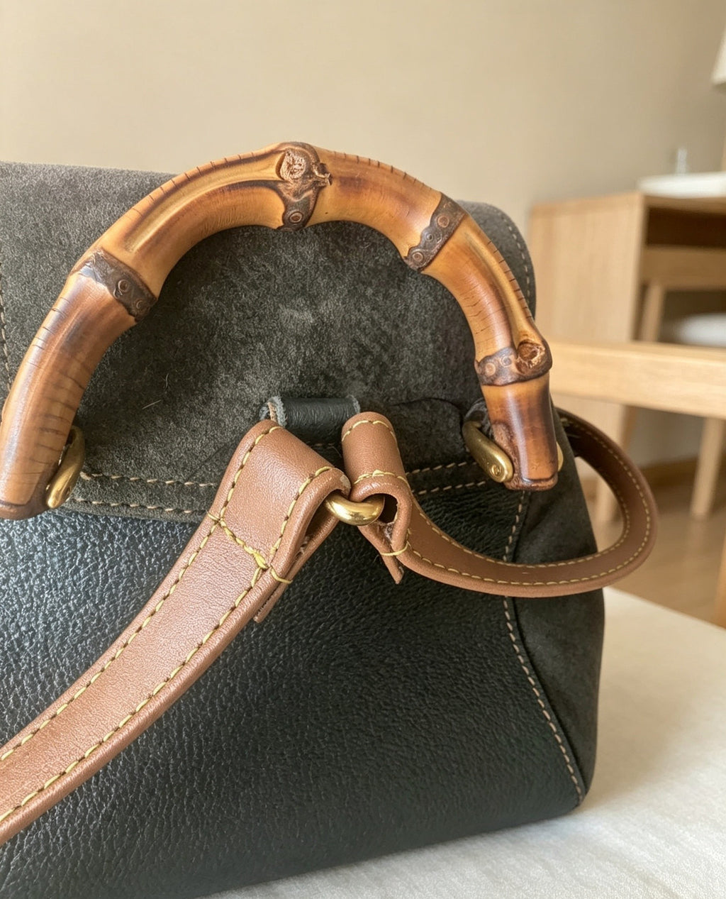 Vintage Gucci Bamboo Mini Backpack in Olive Green Suede – Professionally Restored with New Leather Straps