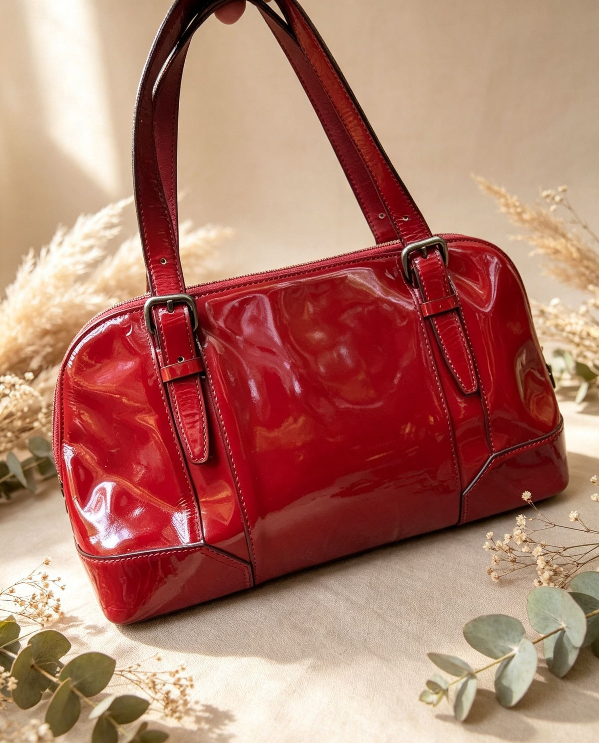 Vintage Burberry Red Patent Leather Bowling Satchel Handbag - Good